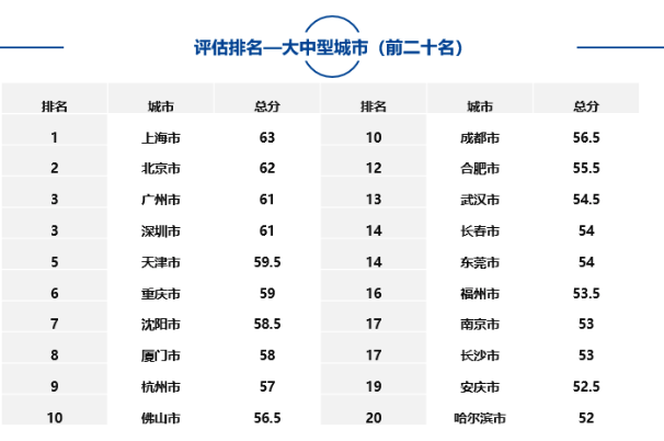 大中型都市、市辖区、自由商业试验区中排名靠前名单如下