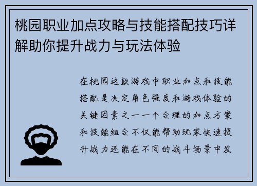 桃园职业加点攻略与技能搭配技巧详解助你提升战力与玩法体验